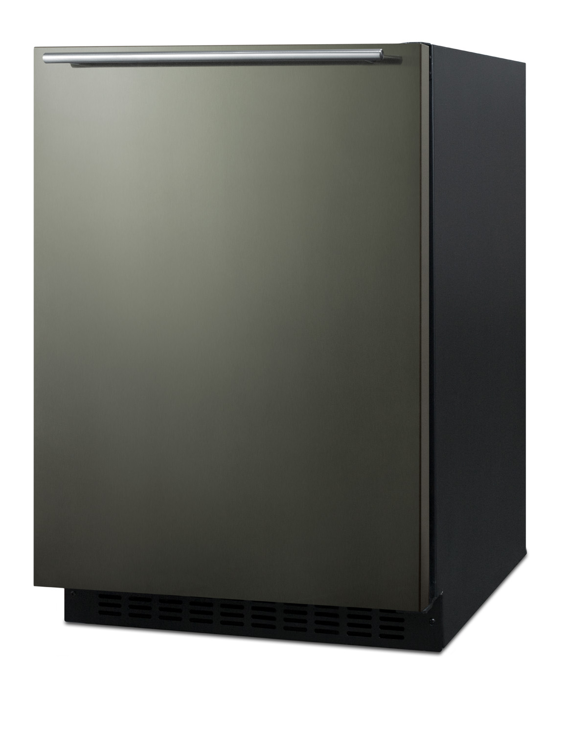 Built-in undercounter all-refrigerator for residential or commercial use, frost-free w/black stainless steel wrapped door, horizontal handle, and black cabinet